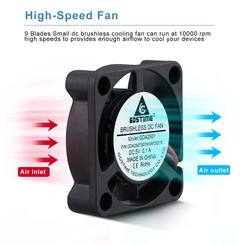 GDSTIME 2 Pack 25mm 5V Fan - Mini 25x25x7mm 2-Pin Brushless DC Cooling Fans for Aroma Diffuser Projector Incubator - Image 4
